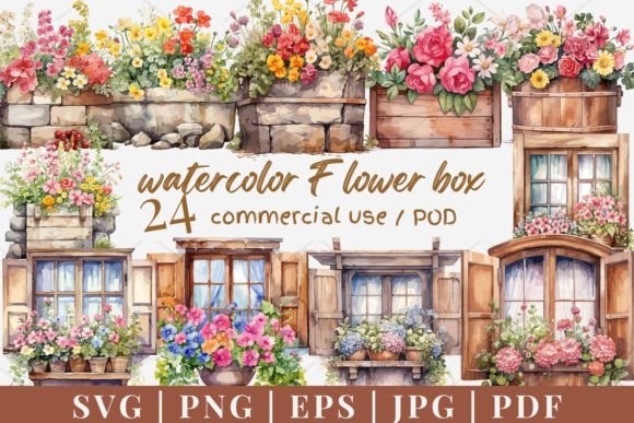 24 Flower Box Graphics for Vintage Crafting Projects