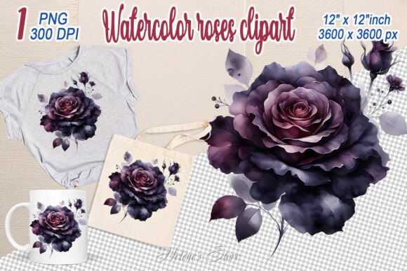 Dark Watercolor Rose Clipart for Commercial Graphics & Illustrations
