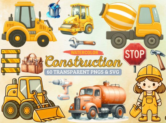 Watercolor Construction Clipart: A Publisher's Design Toolkit