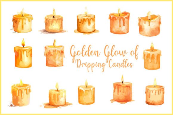 Watercolor Gold Candle Glow Dripping Graphics for Editorial Design